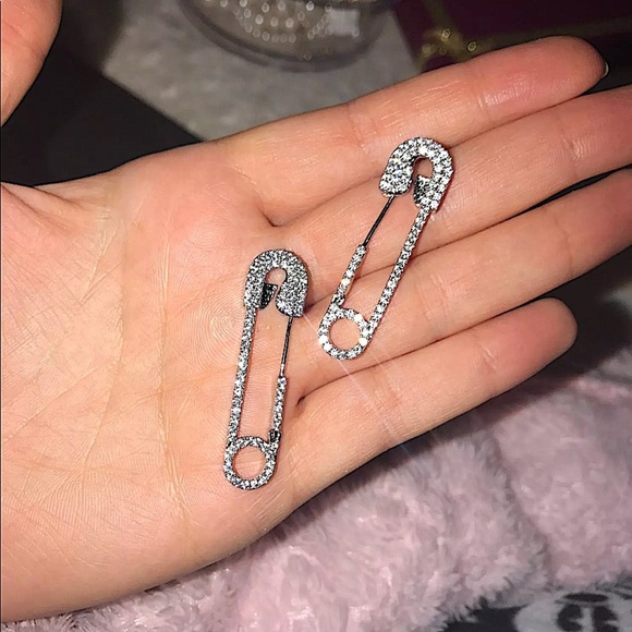 Rhinestone Silver Safety Pin Earrings - Picture 6 of 7